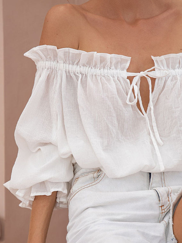 Loose Puff Sleeves Ruffled Solid Color Off-The-Shoulder Blouses&Shirts Tops