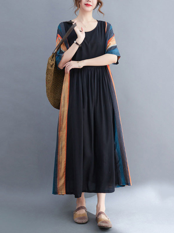 Loose Contrast Color Striped Pleated Midi Dress