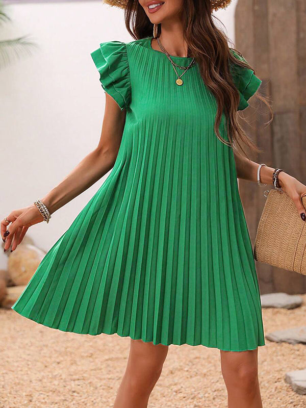 A-Line Loose Hollow Pleated Solid Color Split-Joint Round-Neck Mini Dresses