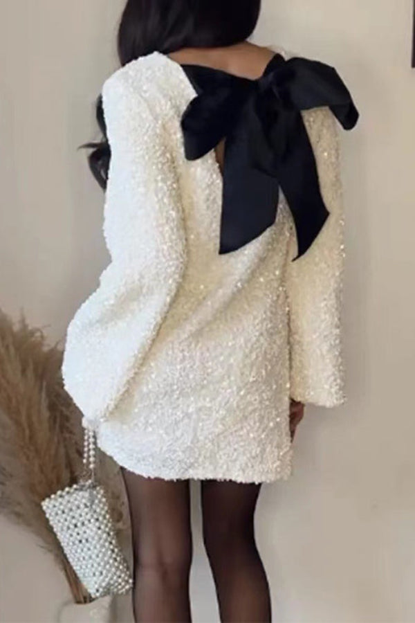 Long Sleeves Bow Back Sequin Party Dress