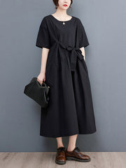 Casual Half Sleeves Loose Solid Color Round-Neck Midi Dresses