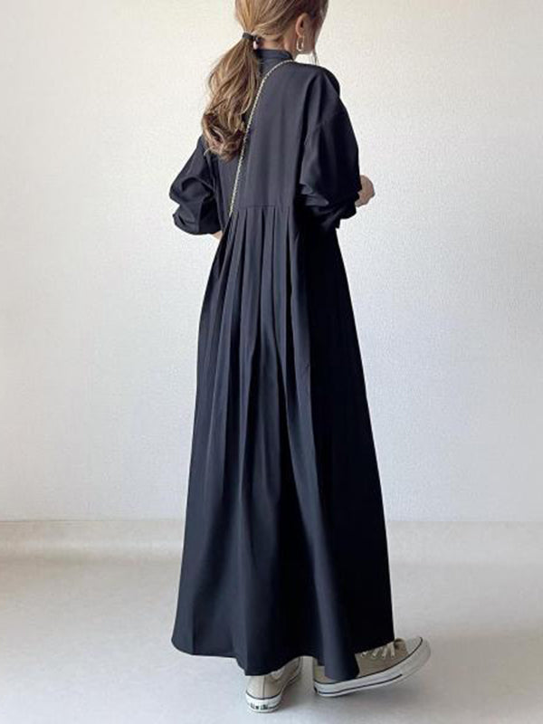 Long Sleeves Loose Pleated Solid Color Split-Joint Round-Neck Maxi Dresses Shirt Dress