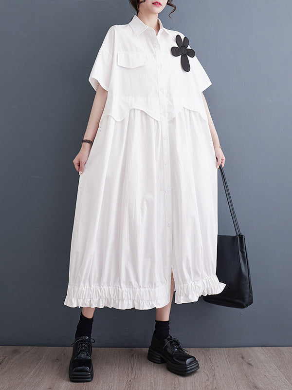 Loose Short Sleeves Elasticity Pleated Split-Joint Lapel Midi Dresses