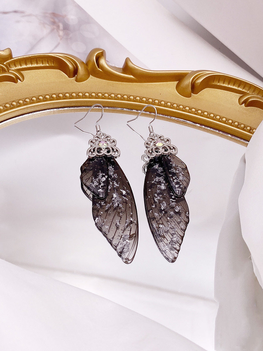 Butterfly Wing Black Rhinestone Cicada Wing Crystal Earrings