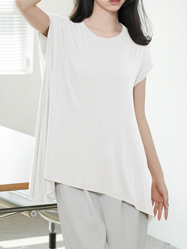 High-Low Loose Asymmetric Solid Color Round-Neck T-Shirts Tops