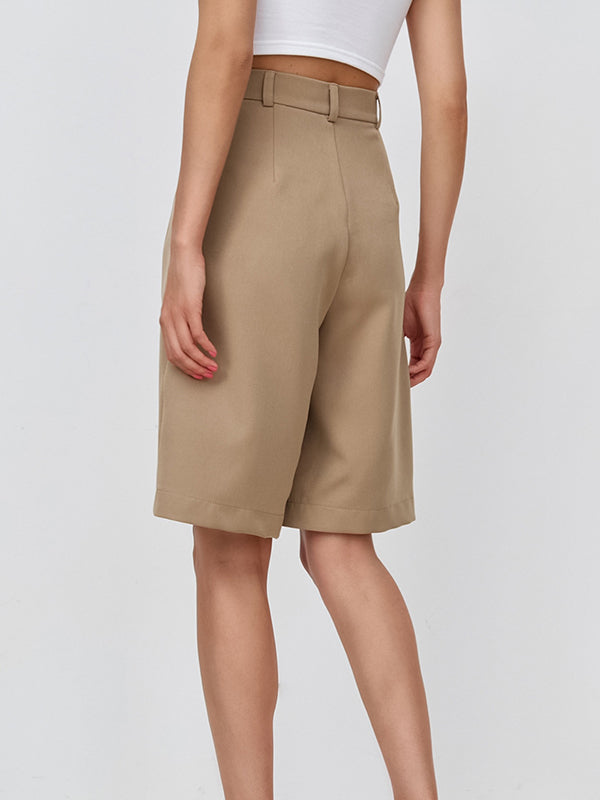 High Waisted Loose Pleated Solid Color Split-Joint Half Pants Shorts Bottoms