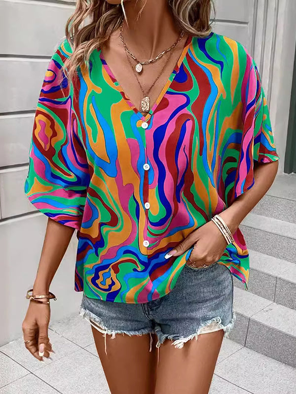 Batwing Sleeves Loose Buttoned Printed V-Neck Blouses&Shirts Tops