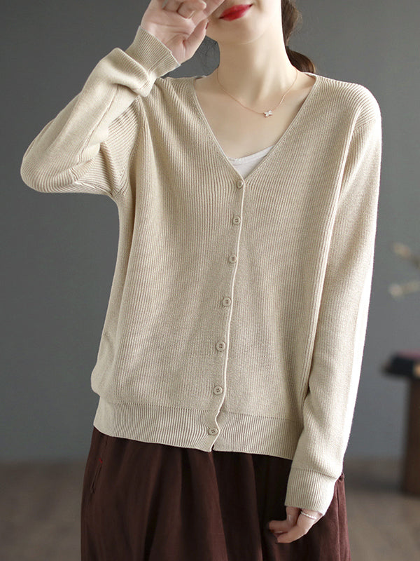 Long Sleeves Loose Solid Color V-Neck Cardigan Tops