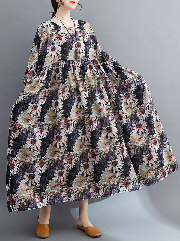 Loose Raglan Sleeve Floral Printed Pleated Split-Joint Round-Neck Midi Dresses