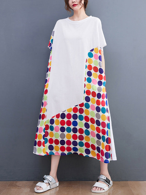 Loose Short Sleeves Multi-Colored Polka-Dot Split-Joint Round-Neck Midi Dresses