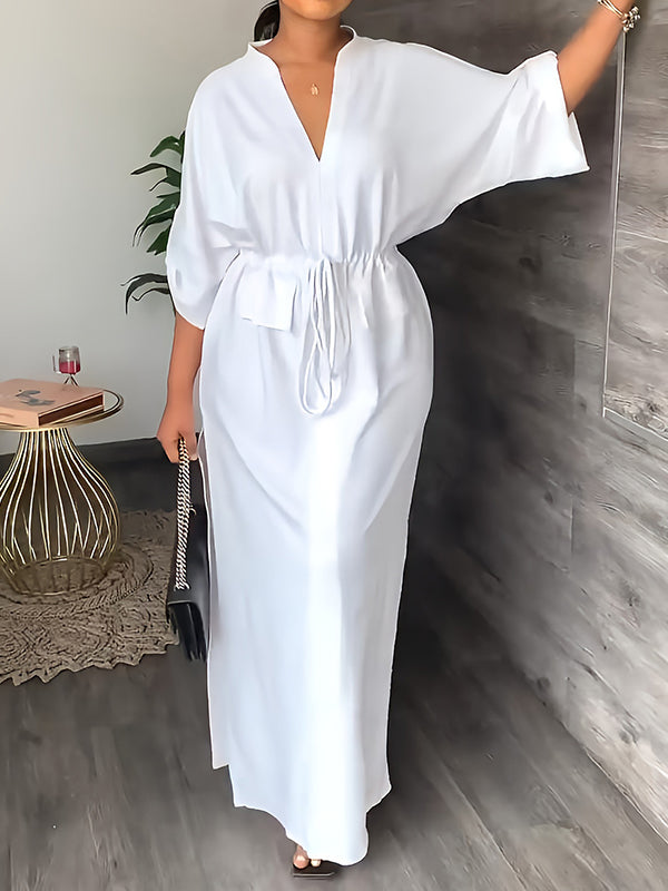 Loose Drawstring Solid Color Split-Side V-Neck Maxi Dresses