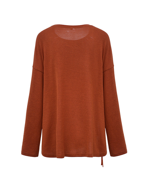 Long Sleeves Loose Asymmetric Drawstring Hollow Solid Color Round-Neck T-Shirts Tops