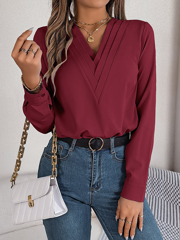 Long Sleeves Loose Pleated Solid Color Split-Joint V-Neck T-Shirts Tops