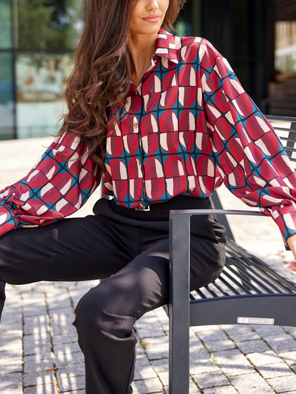 Long Sleeves Loose Printed Lapel Blouses&Shirts Tops