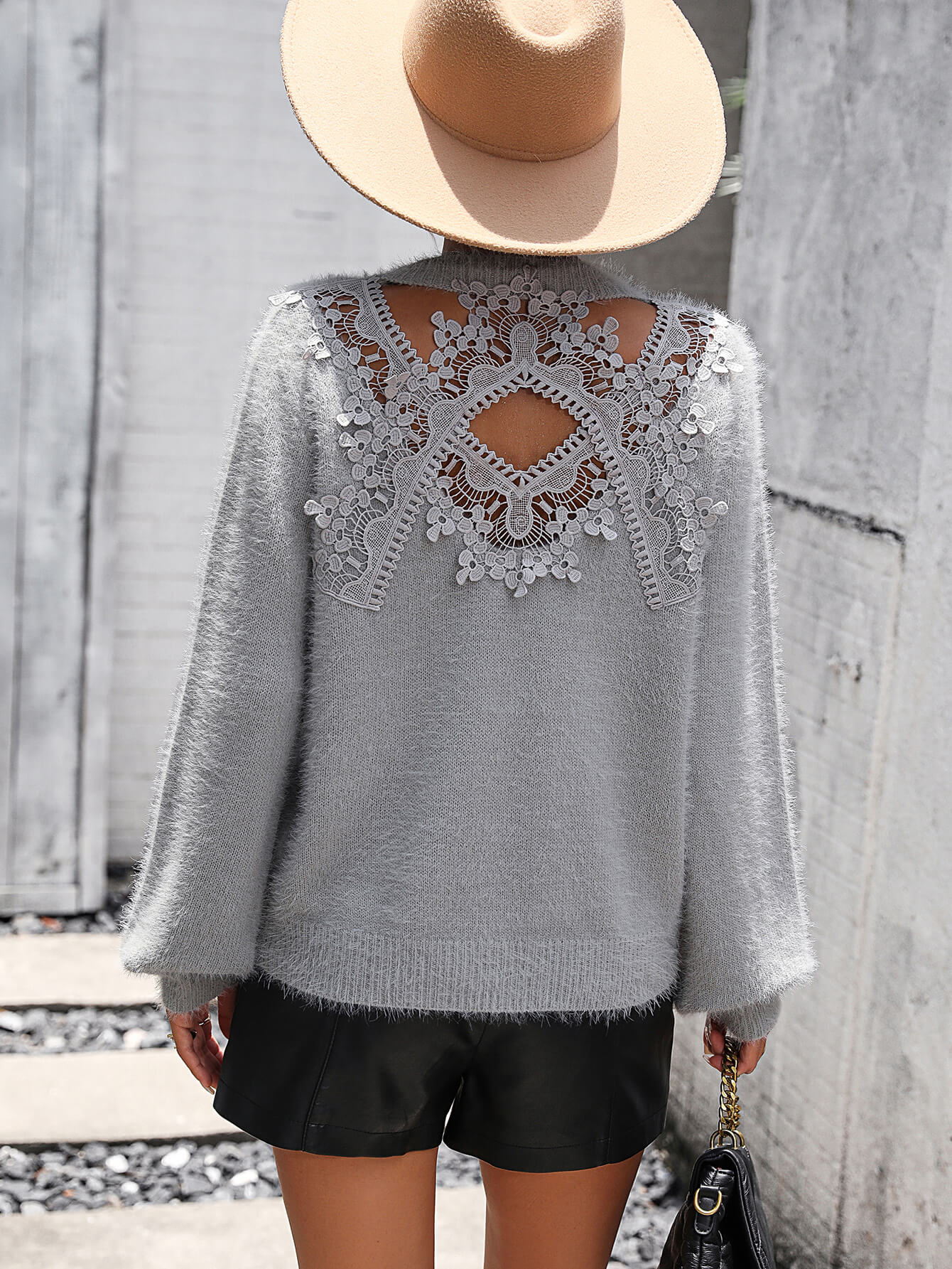 Pretty Petals Lace Floral Pullover Sweater - Grey