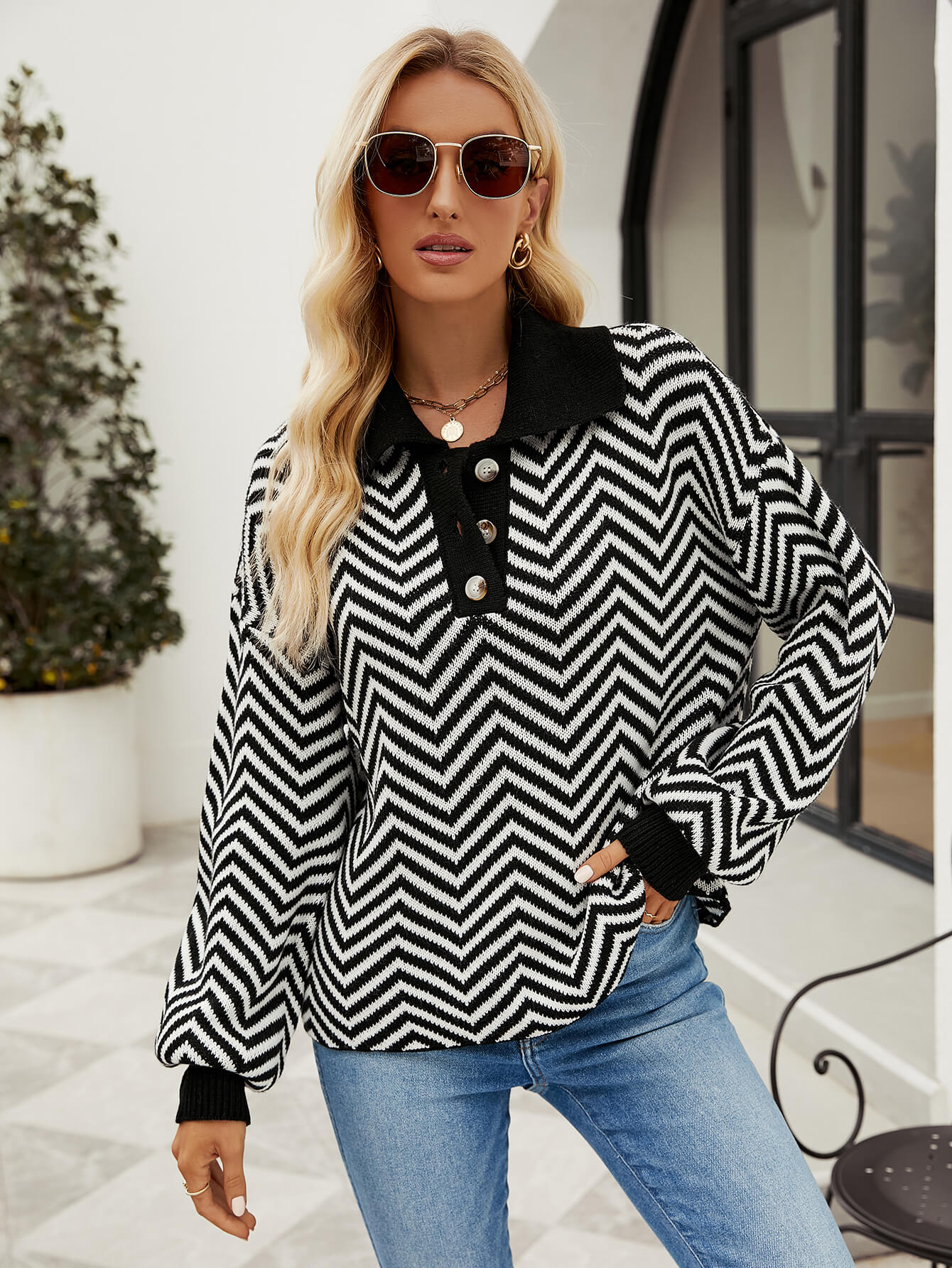 Benji Zig Zag Striped Batwing Sleeve Sweater - Black