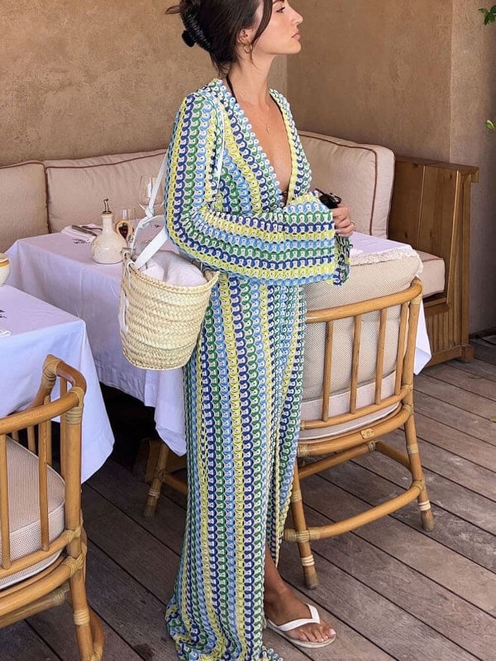 Boho V Neck Bell Sleeve Wavy Striped Crochet Beach Vacation Maxi Dress