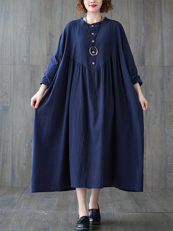 Loose Puff Sleeves Pleated Solid Color Stand Collar Midi Dresses