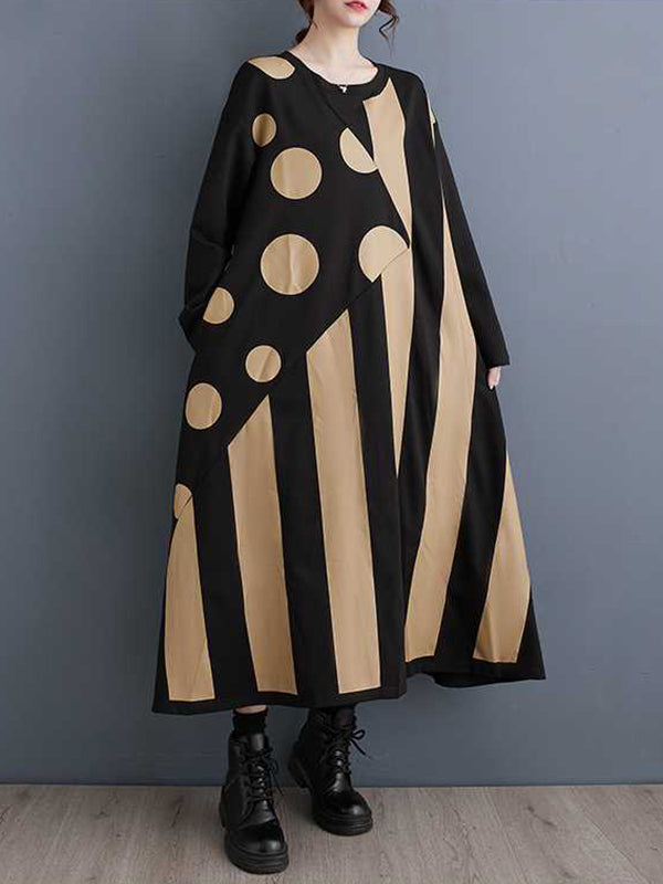 A-Line Long Sleeves Asymmetric Polka-Dot Split-Joint Striped Round-Neck Midi Dresses