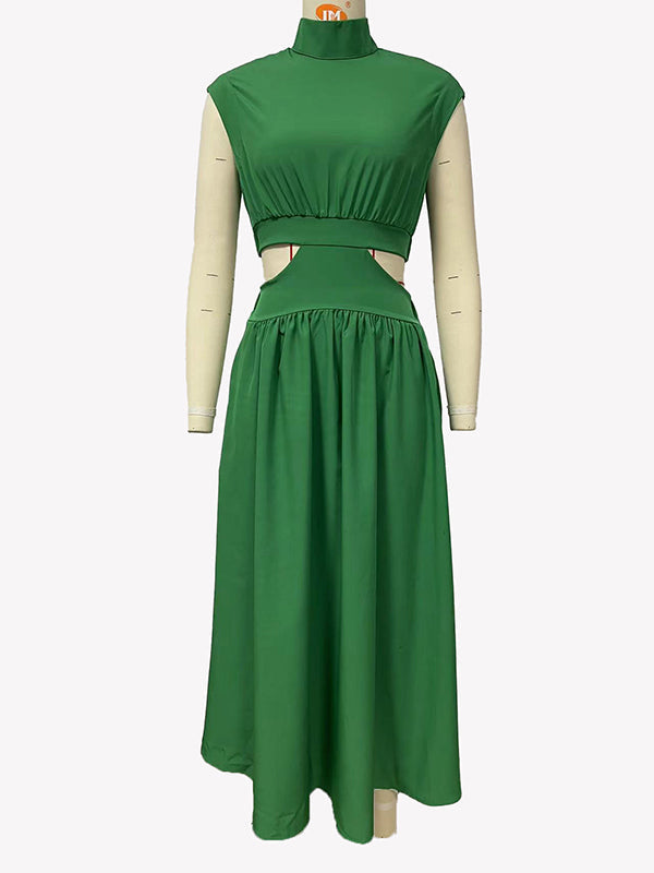 Cap Sleeve Belly-Hollow Pleated Solid Color Stand Collar Maxi Dresses