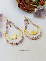 Moon & Cat Amethyst Dangle Boho Earrings