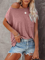 Simple Cotton-Blend Short Sleeves Round-Neck T-Shirt Top