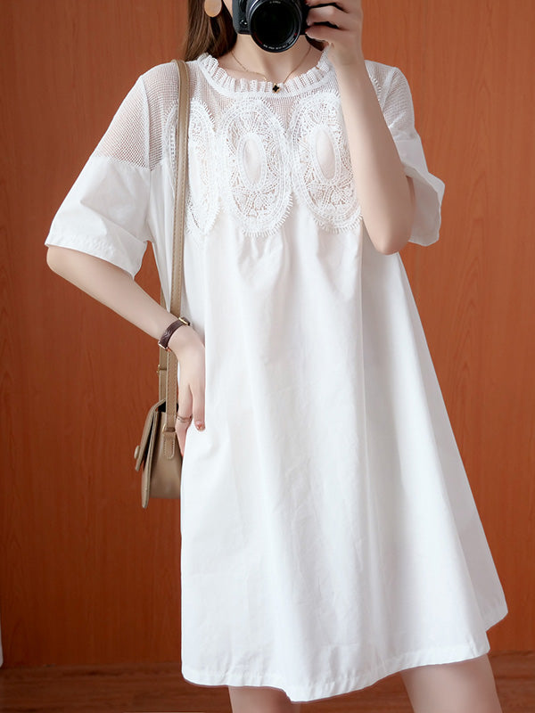 Original Solid Lace Split-Side Short Sleeve A-Line Mini Dress