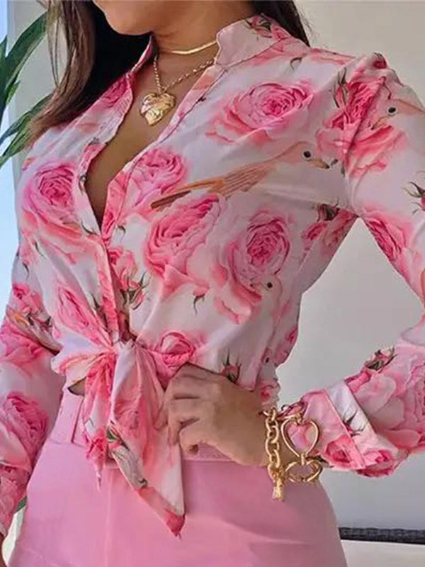 Long Sleeves Buttoned Flower Print Deep V-Neck Shirts Top +Belted Shorts Bottom Two Pieces Set