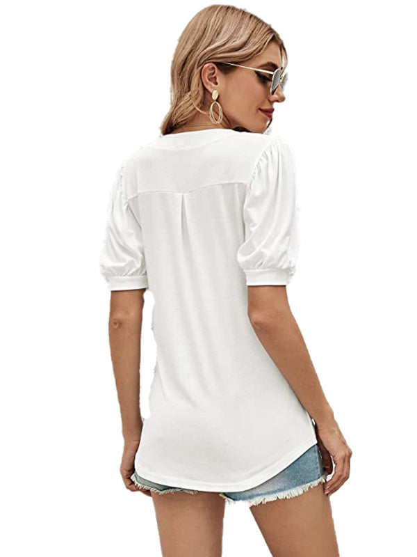 Simple Solid Color V-Neck Puff Sleeves T-Shirt Top