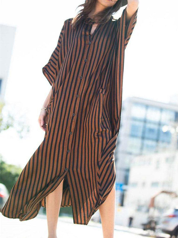 Batwing Sleeves Half Sleeves Buttoned Pockets Striped Round-Neck Beach Cover-Up Maxi Dresses