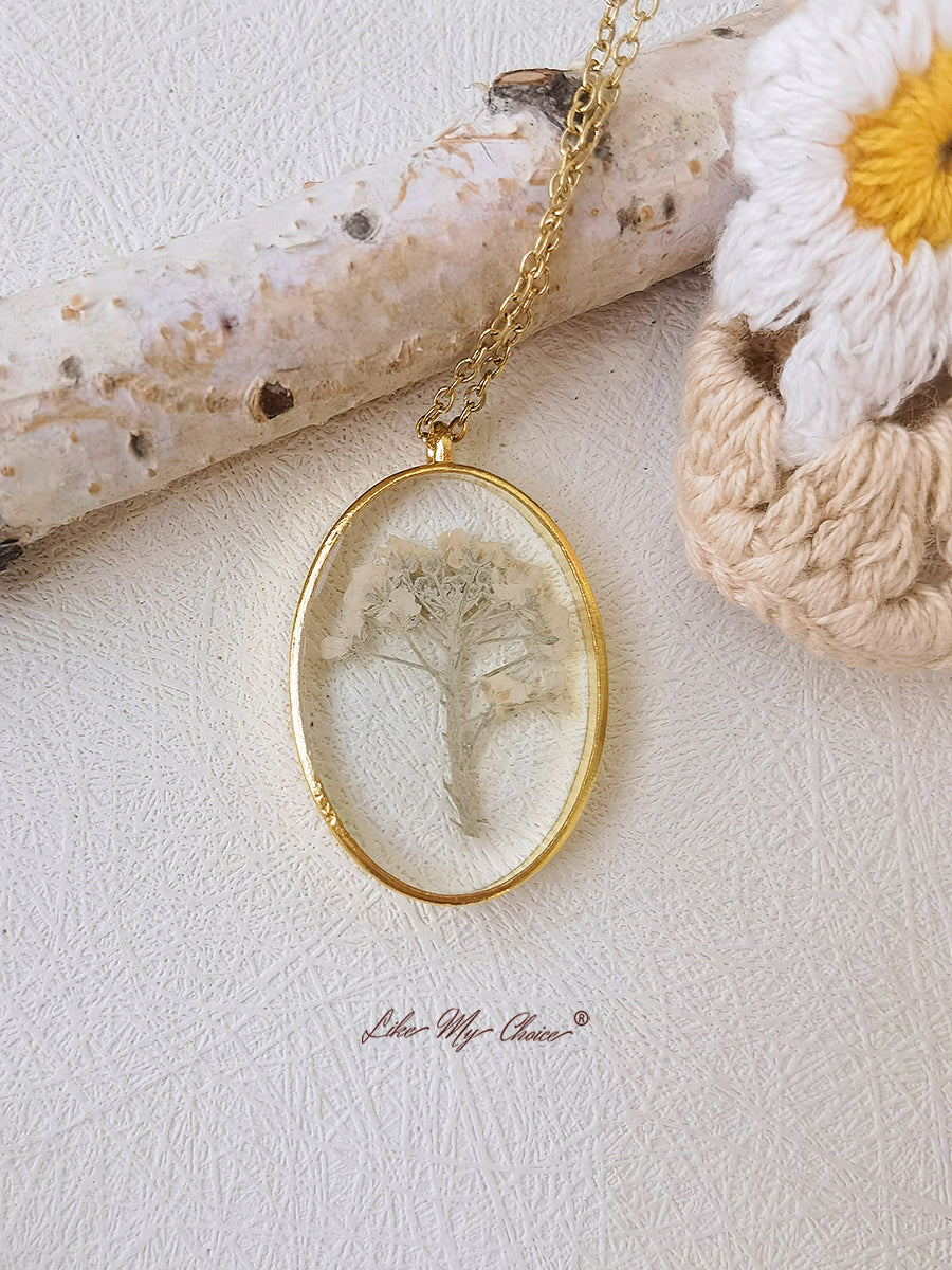 White Baby's Breath Pressed Flower Necklace