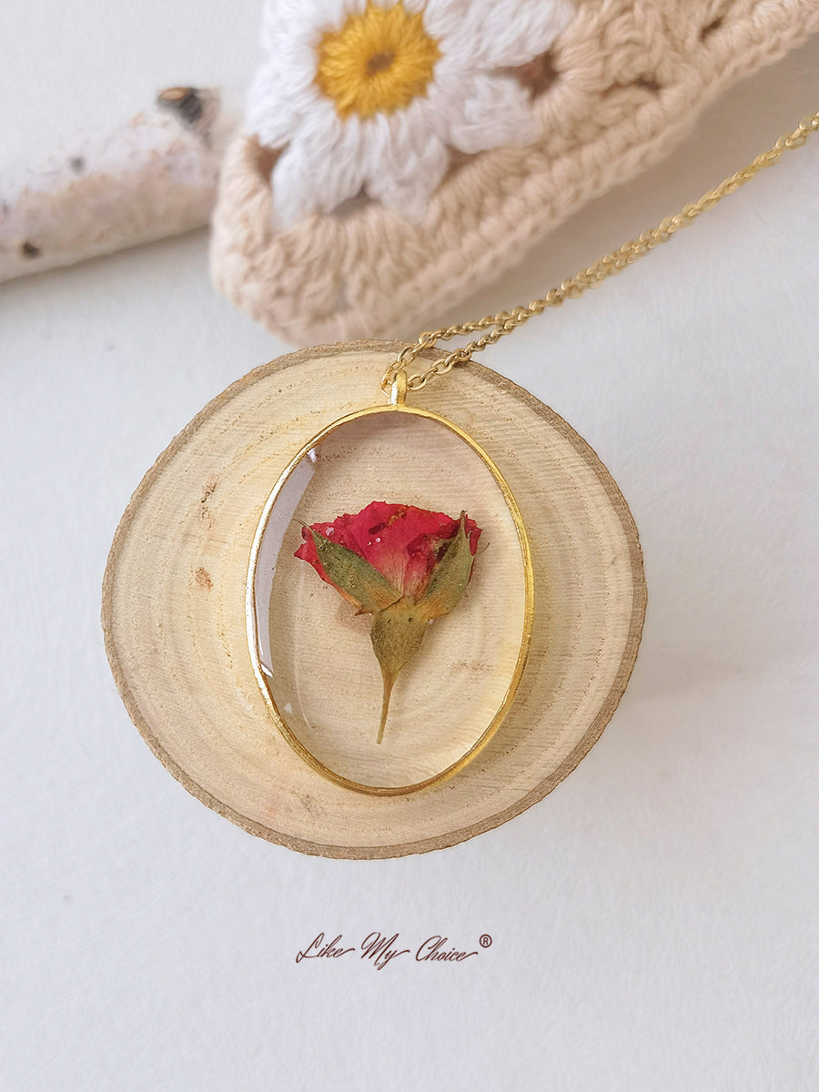 Red Rose Bud Dainty Handmade Gold Necklace