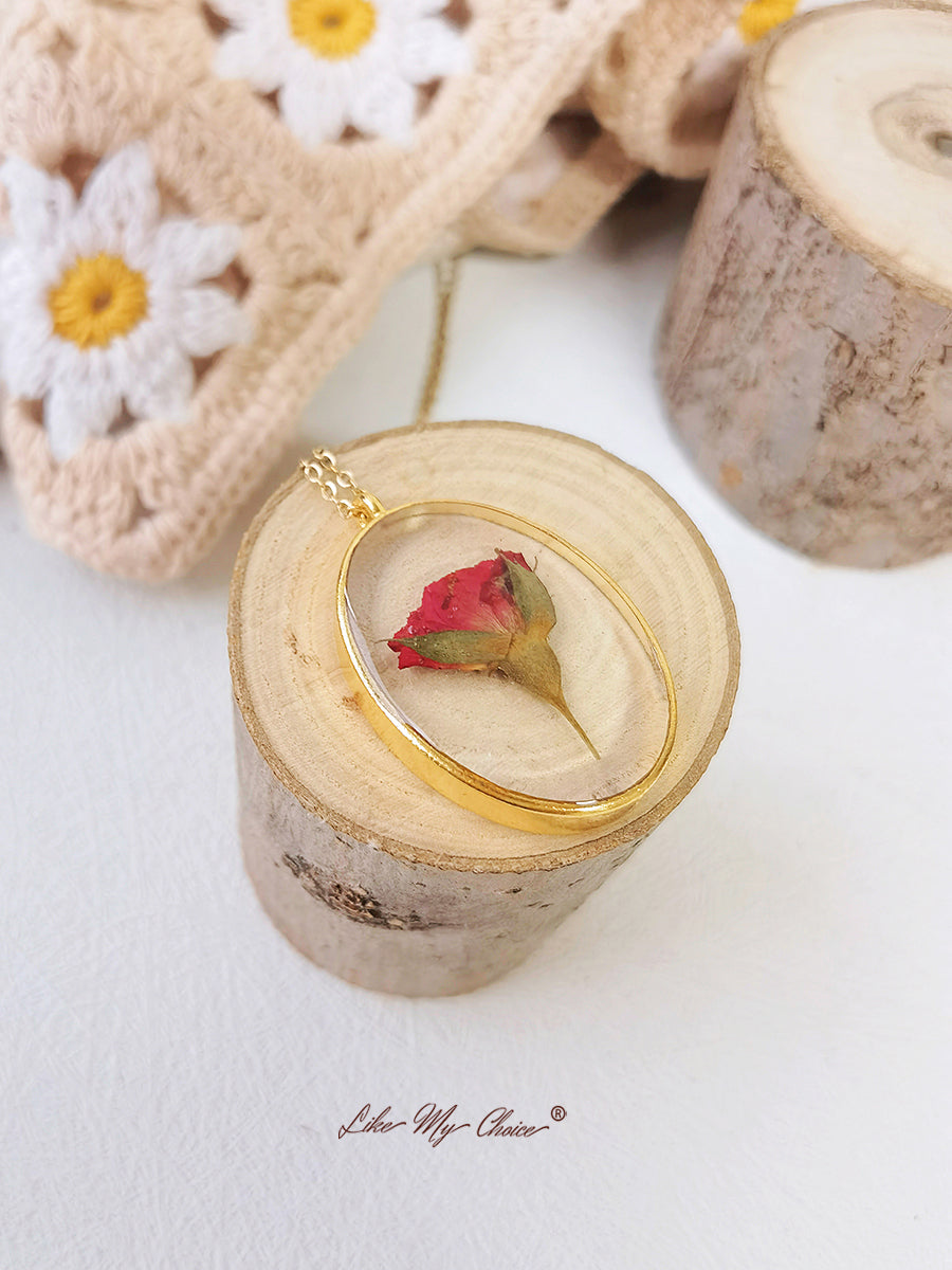 Red Rose Bud Dainty Handmade Gold Necklace