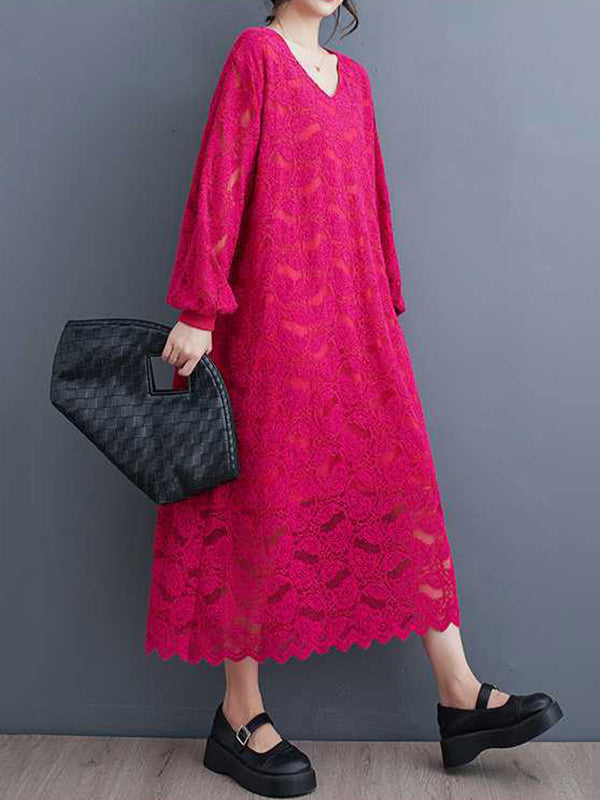 Bishop Sleeve Long Sleeves Jacquard V-Neck Midi Dresses