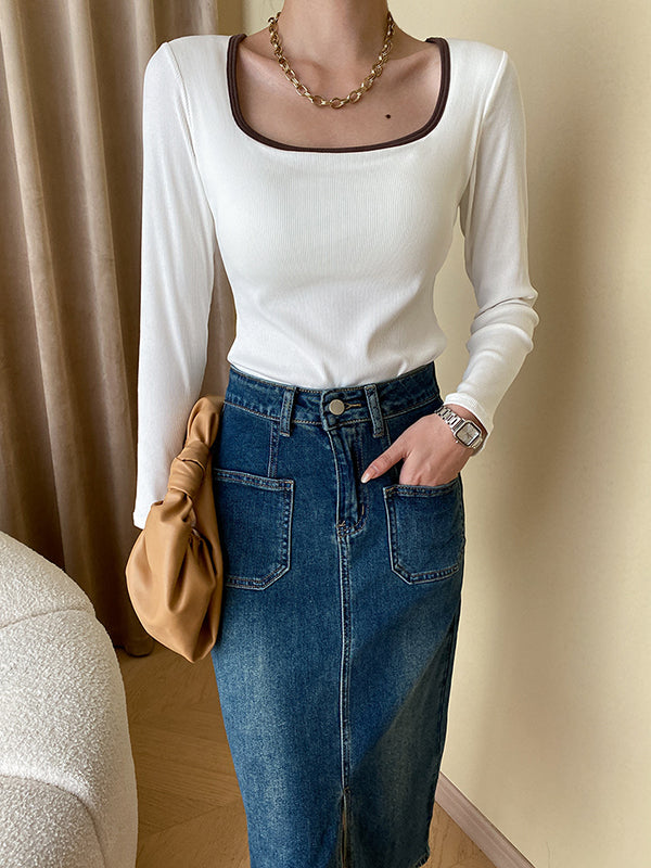 Long Sleeves Skinny Contrast Color Square-Neck T-Shirts Tops