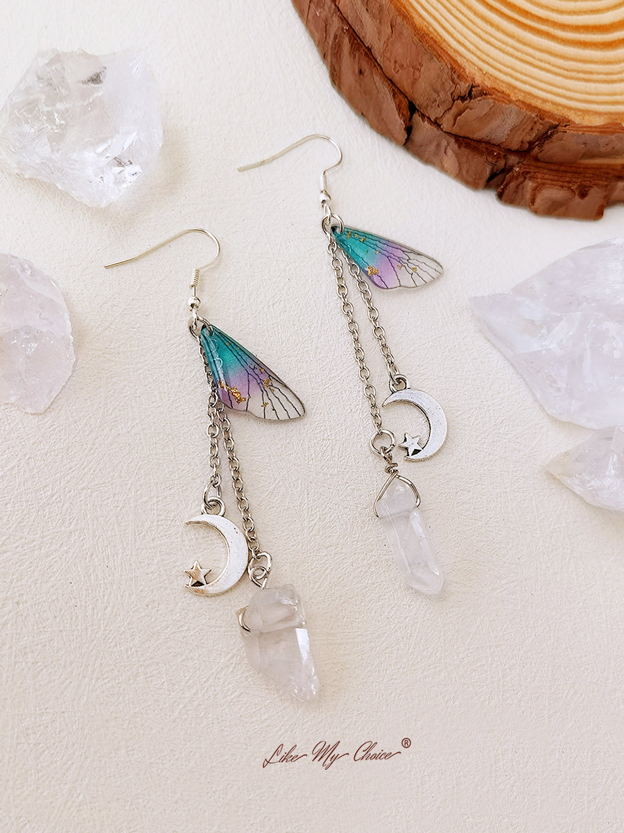 Butterfly Wing Moon Crystal Tassel Boho Earrings