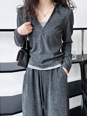 Long Sleeves Buttoned Hooded  T-Shirts Top + Vest Top + Wide Leg Drawstring Elasticity Pants Bottom Three Pieces Set