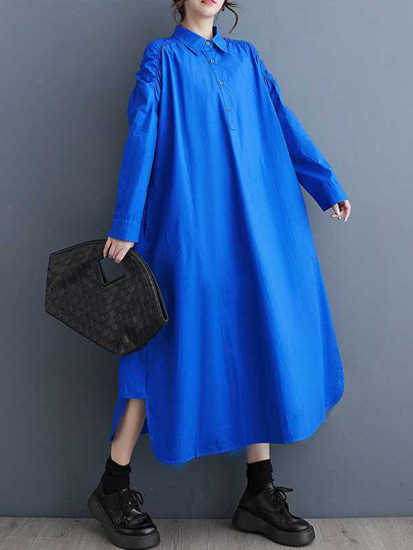 A-Line Long Sleeves Buttoned Hollow Pleated Pockets Solid Color Lapel Midi Dresses Shirt Dress