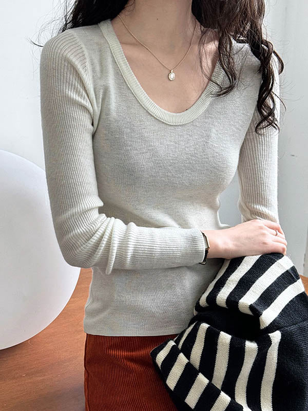 Long Sleeves Skinny Solid Color Split-Joint U-Neck T-Shirts