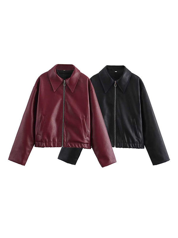 Long Sleeves Loose Split-Joint Zipper Lapel Jackets Outerwear