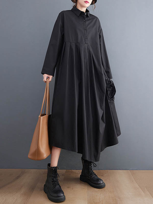 Urban Floral Applique Pleated Long Sleeves Shirt Dress Midi Dress