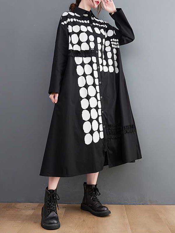 A-Line Long Sleeves Asymmetric Buttoned Polka-Dot Lapel Midi Dresses