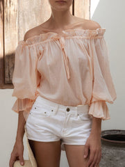 Loose Puff Sleeves Ruffled Solid Color Off-The-Shoulder Blouses&Shirts Tops