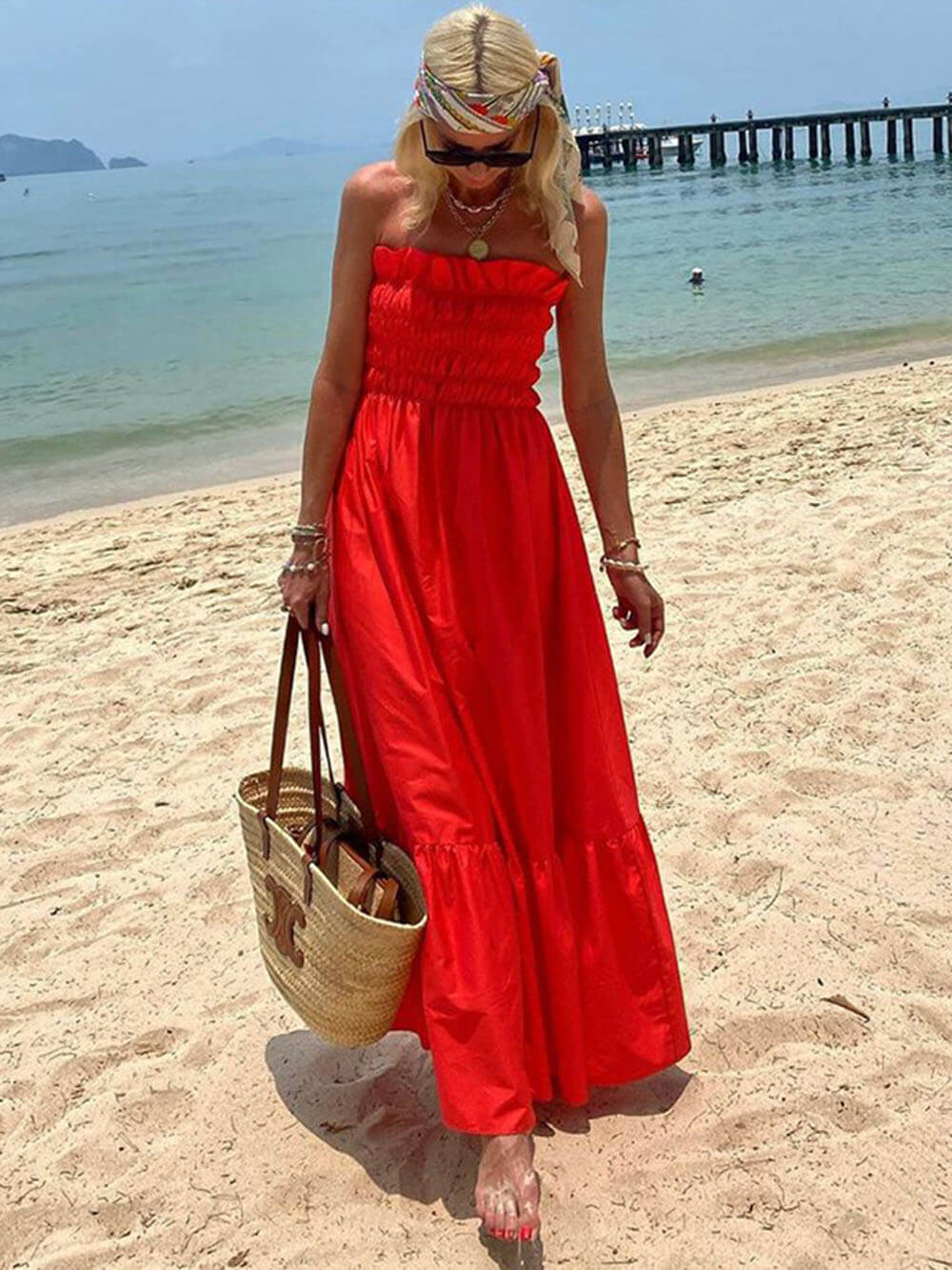 Smocked Bust Off Shoulder Vacation Maxi Dress