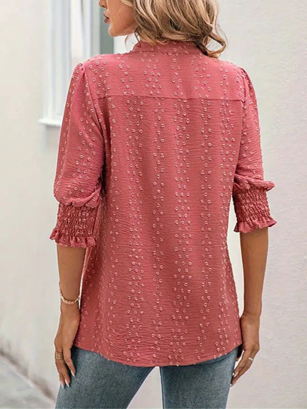 Half Sleeves Loose Elasticity Jacquard Solid Color Split-Joint V-Neck T-Shirts Tops