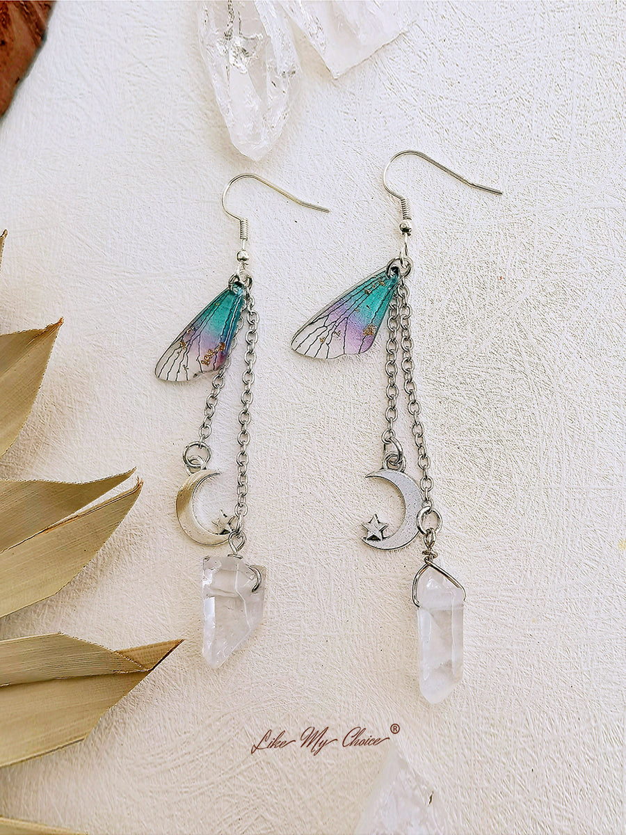 Butterfly Wing Moon Crystal Tassel Boho Earrings