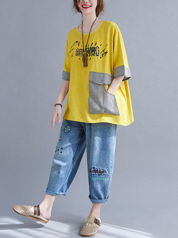 Original Letter Print Split-Joint Round-Neck T-Shirts Tops