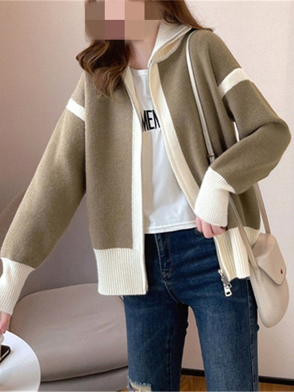 Casual Long Sleeves Contrast Color Zipper Stand Collar Cardigan Tops