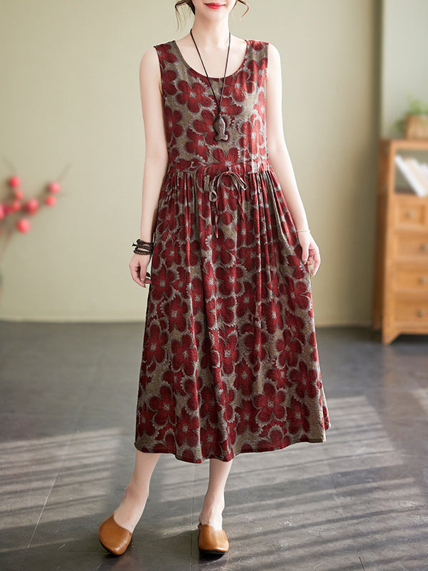 Loose Oversize Drawstring Floral Printed Round-Neck Midi Dresses