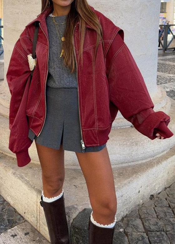 Oversized Wine Red Zipper Jacket